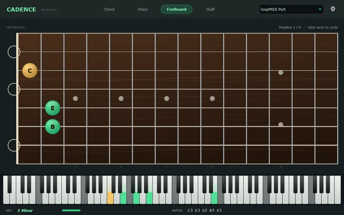 Cadence tab Fretboard: thế bấm hợp âm trên cần guitar